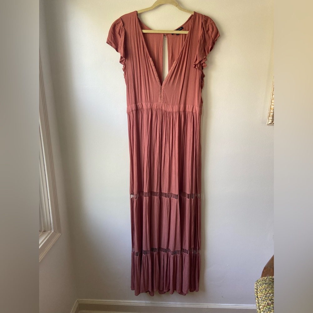 American Eagle Pink Maxi Dress with Flutter Sleeves and Plunge Neckline